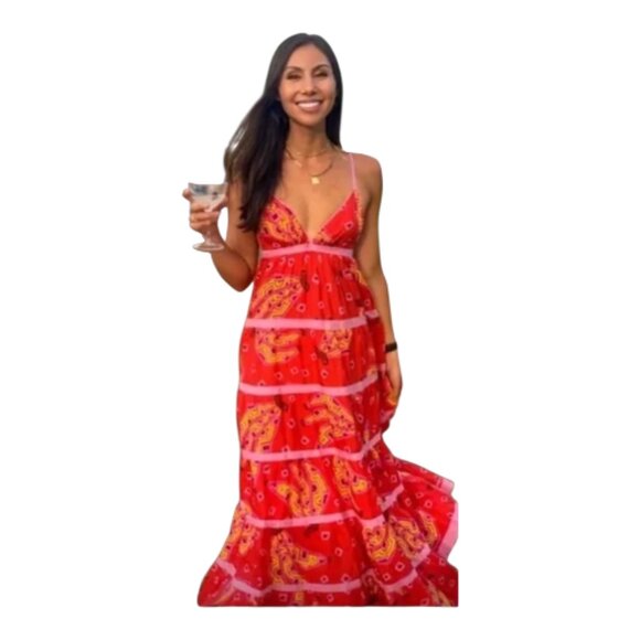 Farm Rio Red Tiki Bananas Tiered Maxi Sundress - Large - Great Condition - Picture 2 of 11